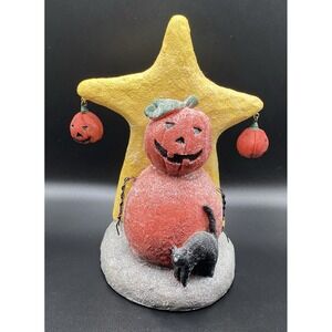 Vtg 90s Halloween Jack-o-Lantern Man Black Cat Star Primitive Folk Art